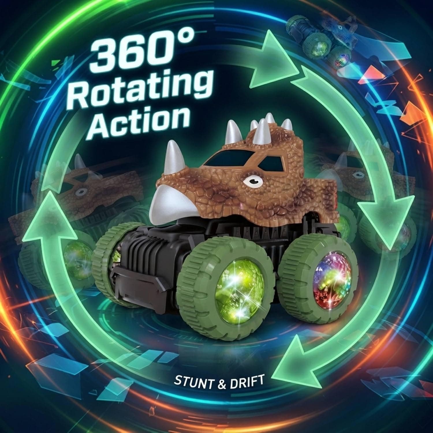 Dinosaur Off-Road Vehicle Toy Car with 3D LED Lights & Music, 360° Rotating Action Car, Battery Operated Dinosaur Truck for Kids Boys & Girls, Ages 3+ — view 4