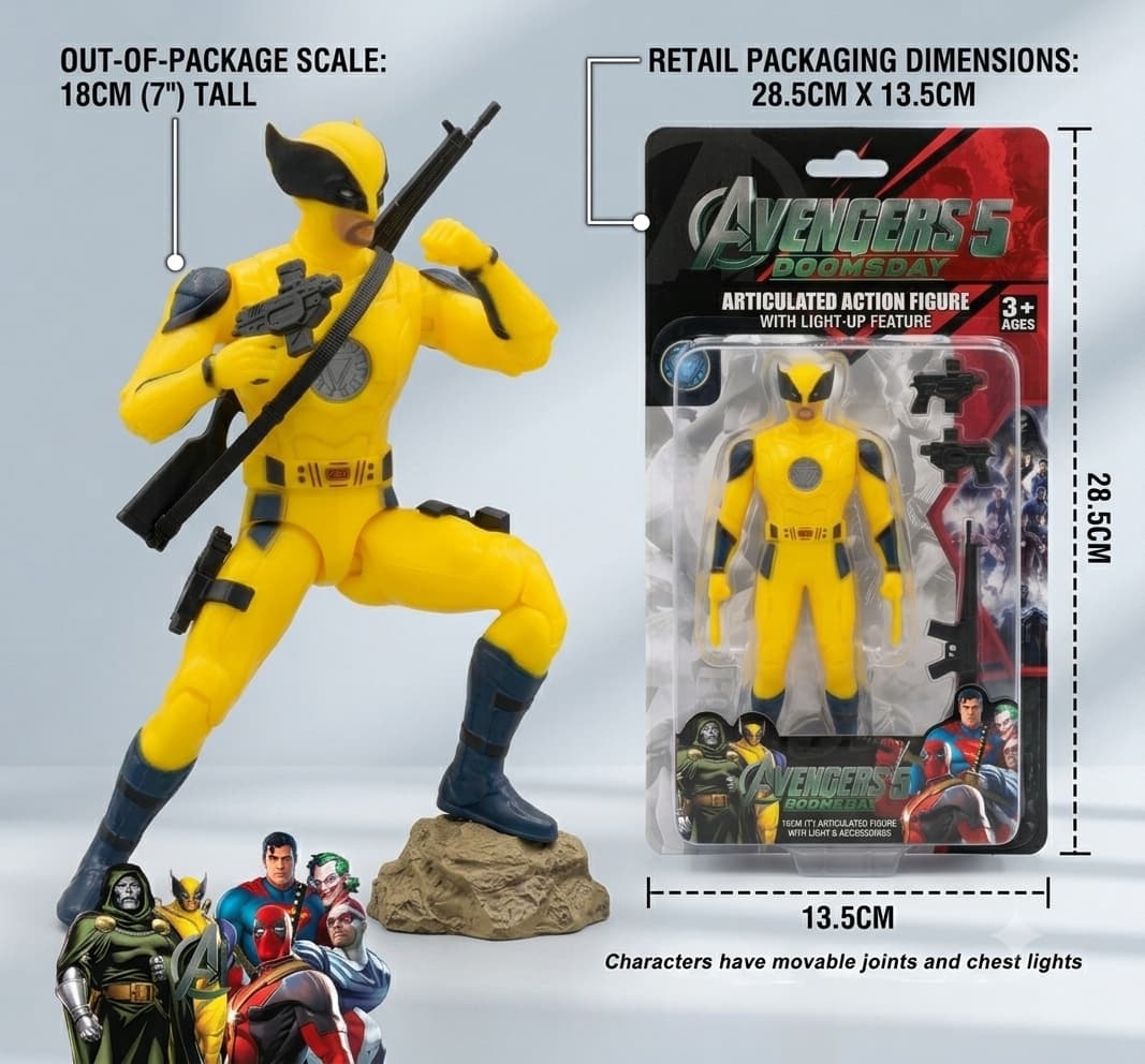 KIDOYZ Wolverine Superhero Action Figure (18cm/7") with Light-Up Chest Feature & Weapon Accessories – Articulated Movable Toys for Kids (3+ Years) — view 2