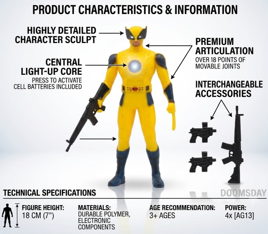 KIDOYZ Wolverine Superhero Action Figure (18cm/7") with Light-Up Chest Feature & Weapon Accessories – Articulated Movable Toys for Kids (3+ Years) — view 3
