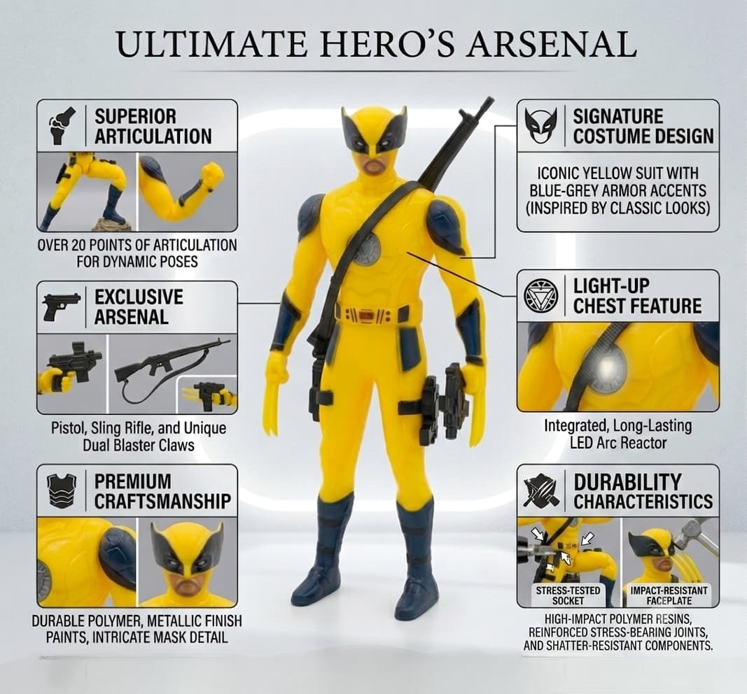 KIDOYZ Wolverine Superhero Action Figure (18cm/7") with Light-Up Chest Feature & Weapon Accessories – Articulated Movable Toys for Kids (3+ Years) — view 4