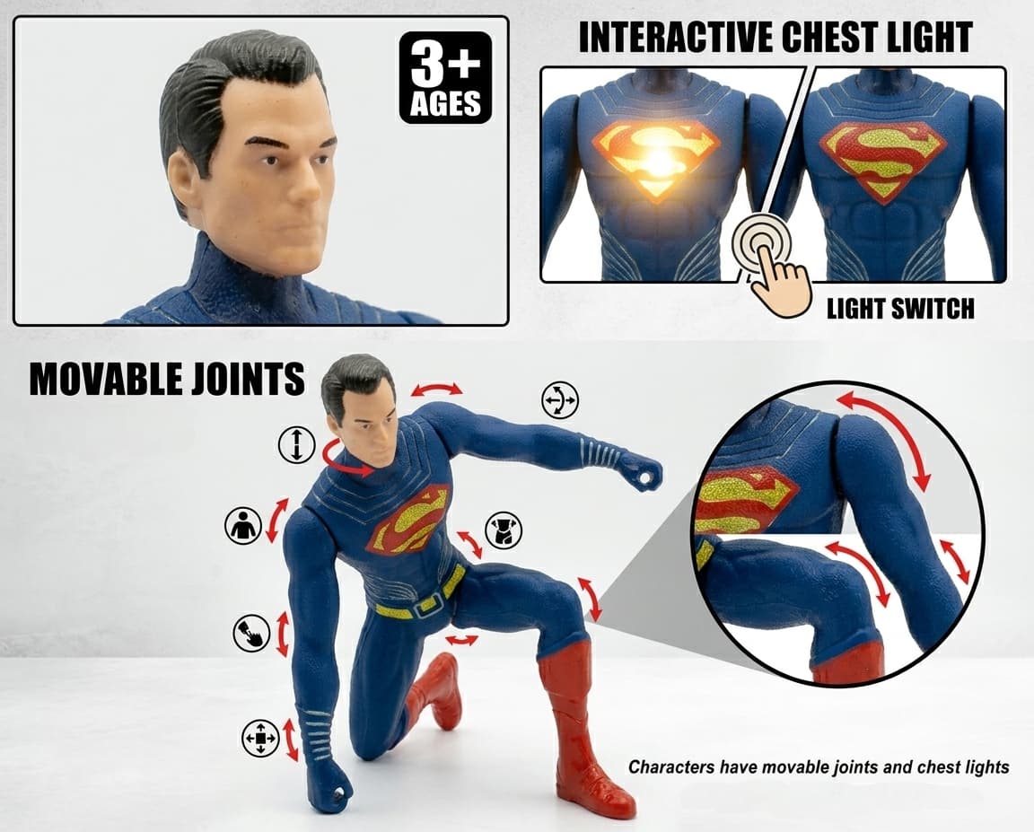 KIDOYZ Superman Action Figure 18cm / 7 Inch | Light-Up Glowing Chest & Weapon Blaster Accessory | Articulated Poseable Superhero Toy for Kids Ages 3+ — view 2