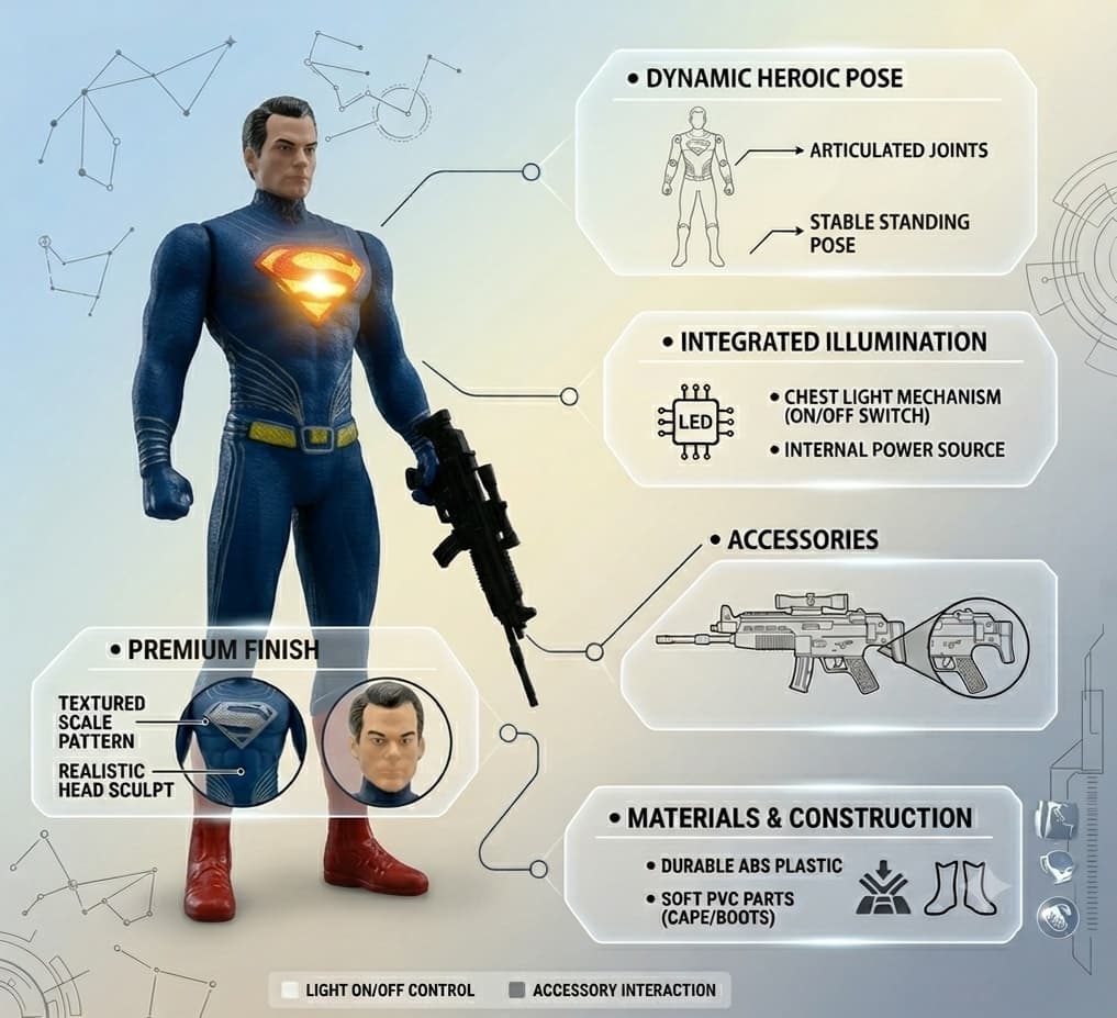 KIDOYZ Superman Action Figure 18cm / 7 Inch | Light-Up Glowing Chest & Weapon Blaster Accessory | Articulated Poseable Superhero Toy for Kids Ages 3+ — view 4