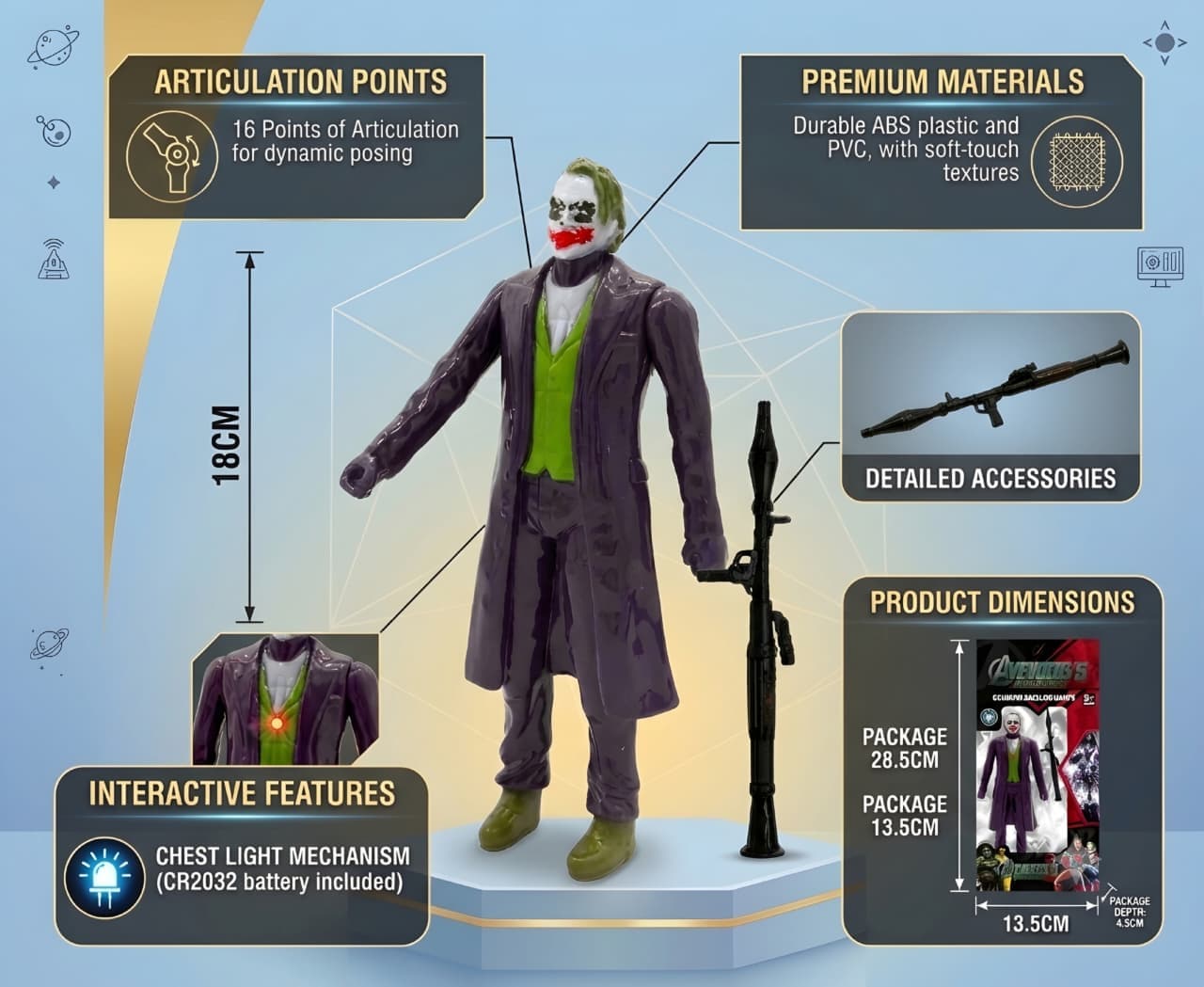 KIDOYZ Joker Action Figure 18cm / 7 Inch | Light-Up Chest & Rocket Launcher Accessory | Articulated Poseable Superhero Toy for Kids Ages 3+ & Collectors — view 3