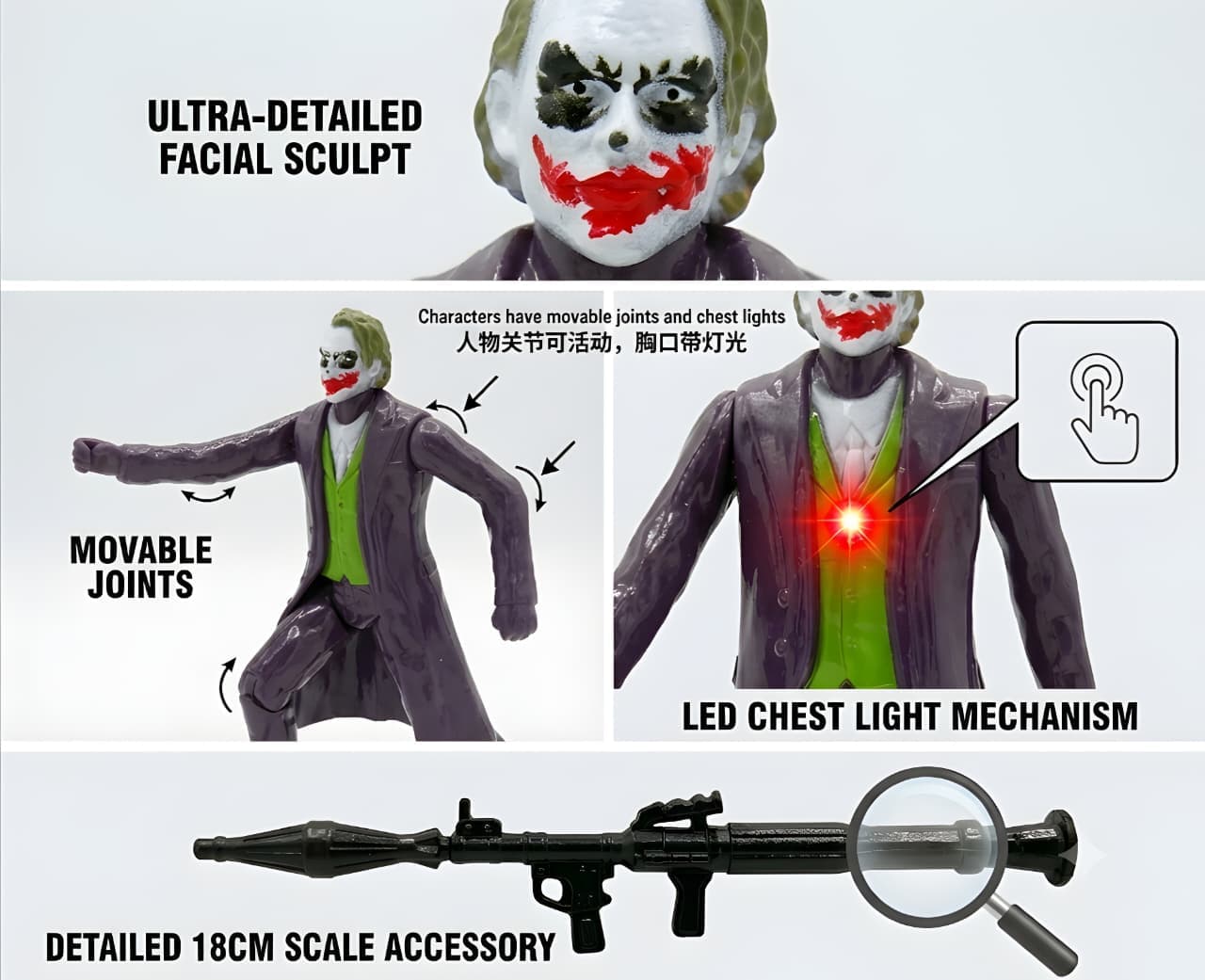 KIDOYZ Joker Action Figure 18cm / 7 Inch | Light-Up Chest & Rocket Launcher Accessory | Articulated Poseable Superhero Toy for Kids Ages 3+ & Collectors — view 4