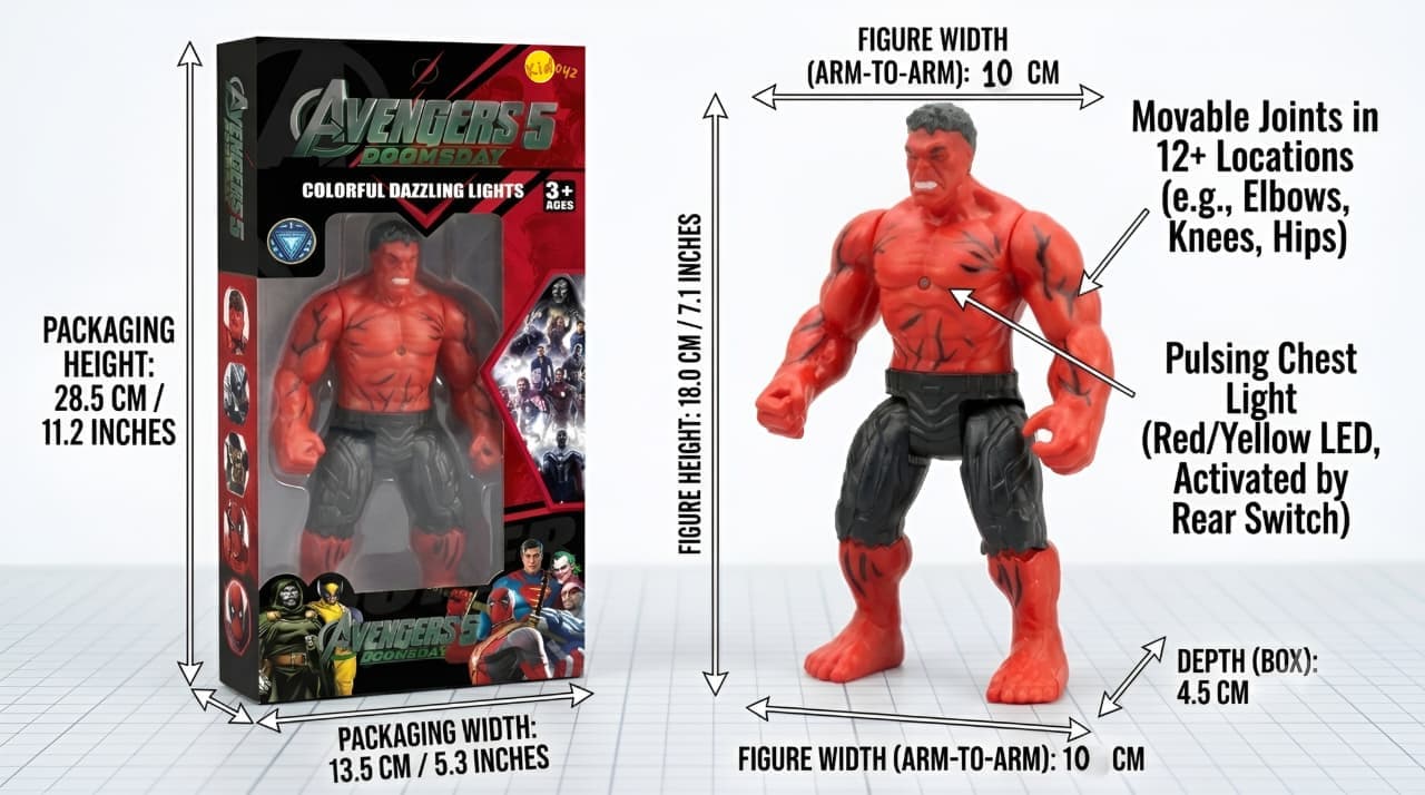 KIDOYZ Avengers Doomsday Red Hulk Action Figure (18 cm / 7") with Colorful Dazzling Chest Lights – Articulated Poseable Superhero Toy for Kids (3+ Years) — view 2