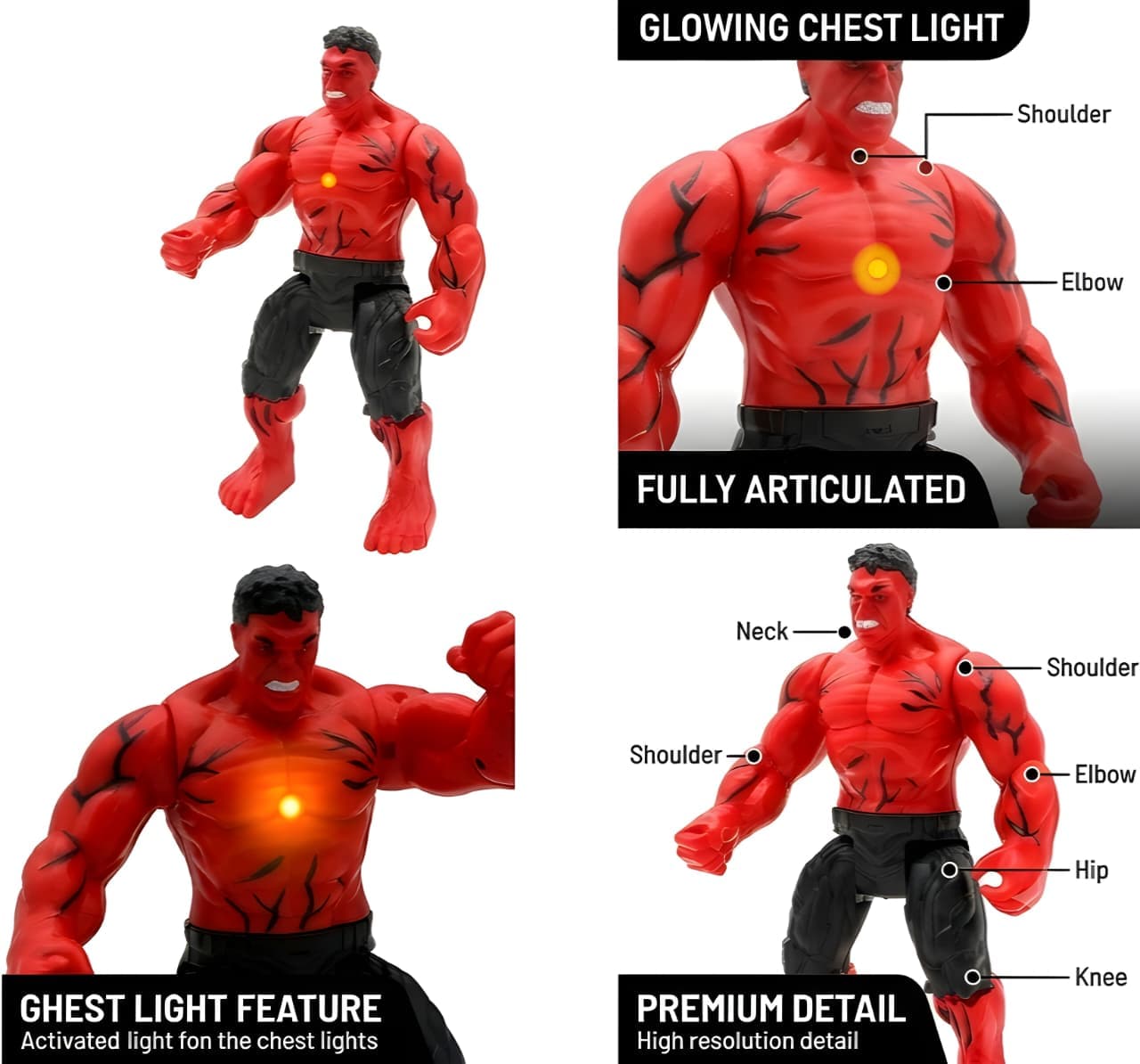 KIDOYZ Avengers Doomsday Red Hulk Action Figure (18 cm / 7") with Colorful Dazzling Chest Lights – Articulated Poseable Superhero Toy for Kids (3+ Years) — view 3