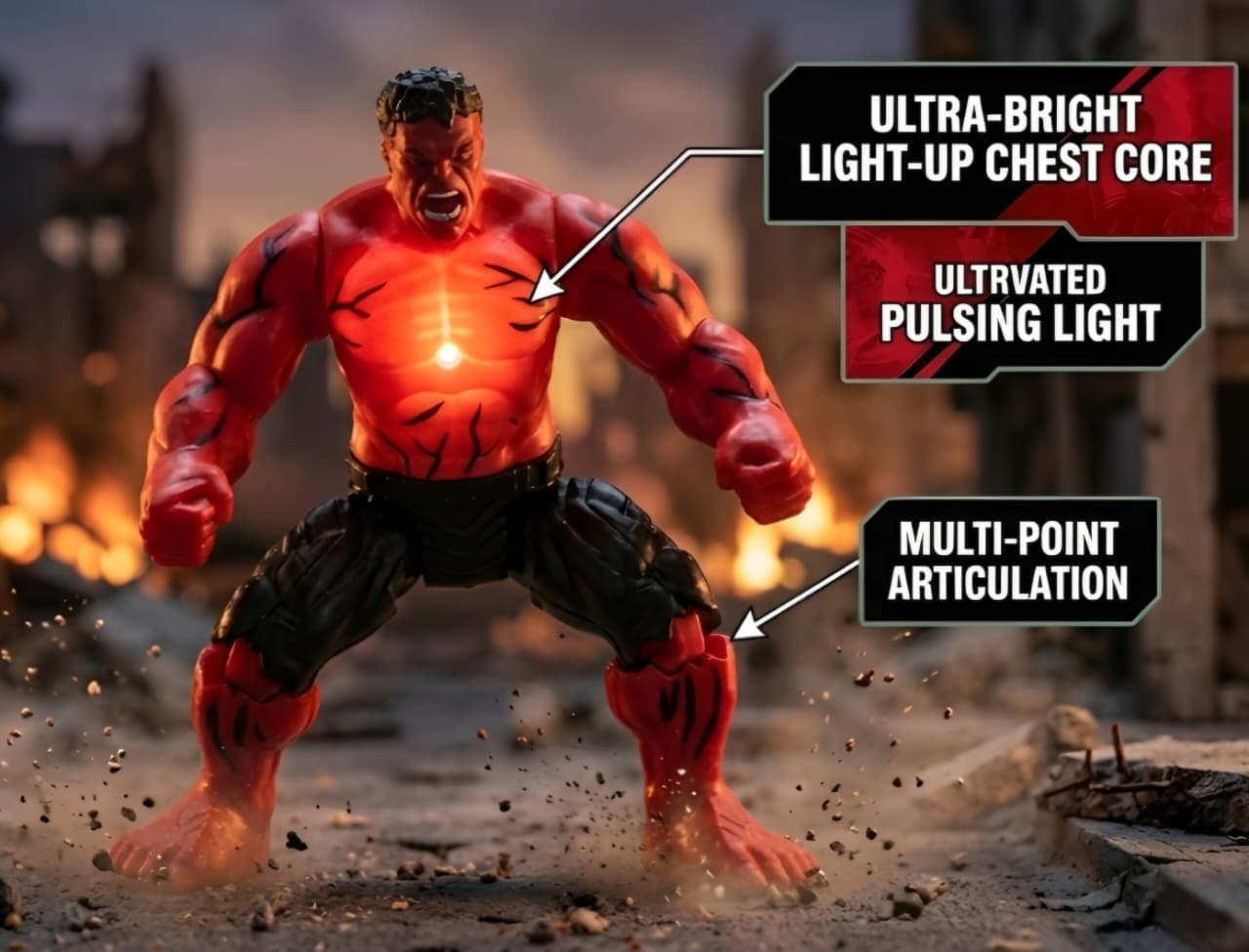 KIDOYZ Avengers Doomsday Red Hulk Action Figure (18 cm / 7") with Colorful Dazzling Chest Lights – Articulated Poseable Superhero Toy for Kids (3+ Years) — view 4