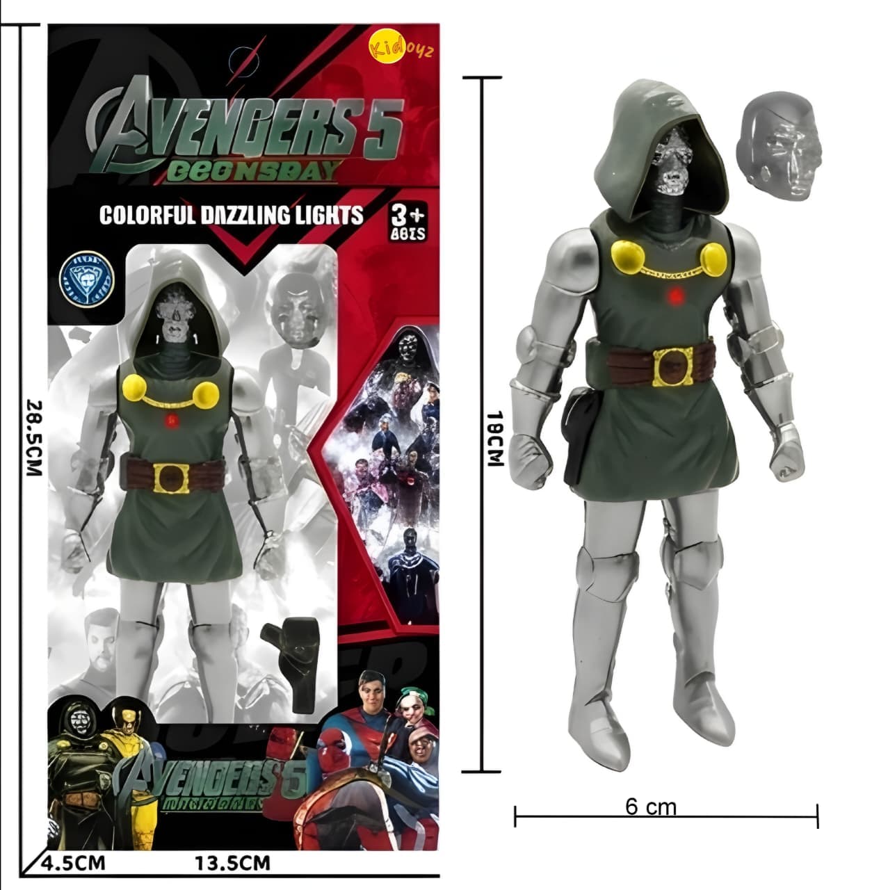 KIDOYZ Avengers Doomsday Doctor Doom Action Figure (18 cm / 7") with Light-Up Chest Feature, Interchangeable Mask & Weapon Blaster – Articulated Poseable Toy for Kids & Collectors (3+ Years)