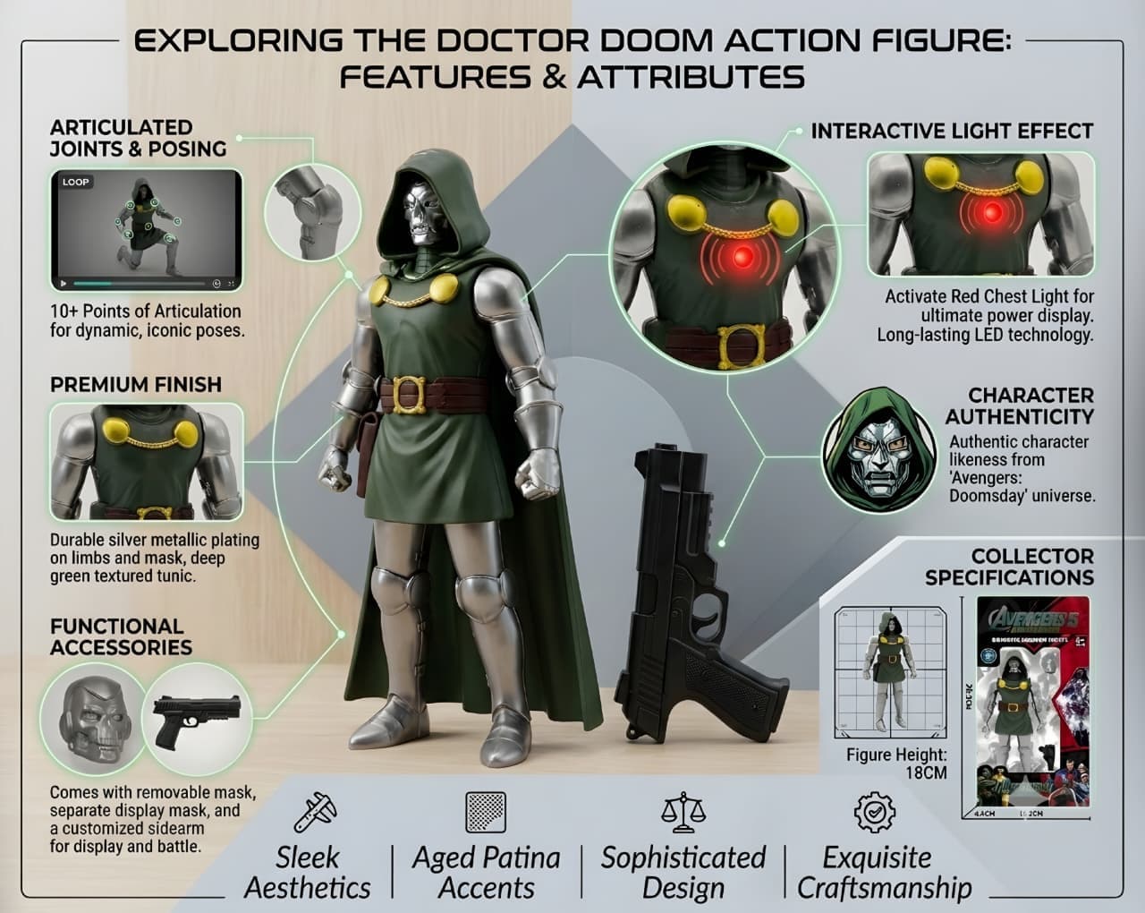 KIDOYZ Avengers Doomsday Doctor Doom Action Figure (18 cm / 7") with Light-Up Chest Feature, Interchangeable Mask & Weapon Blaster – Articulated Poseable Toy for Kids & Collectors (3+ Years) — view 4
