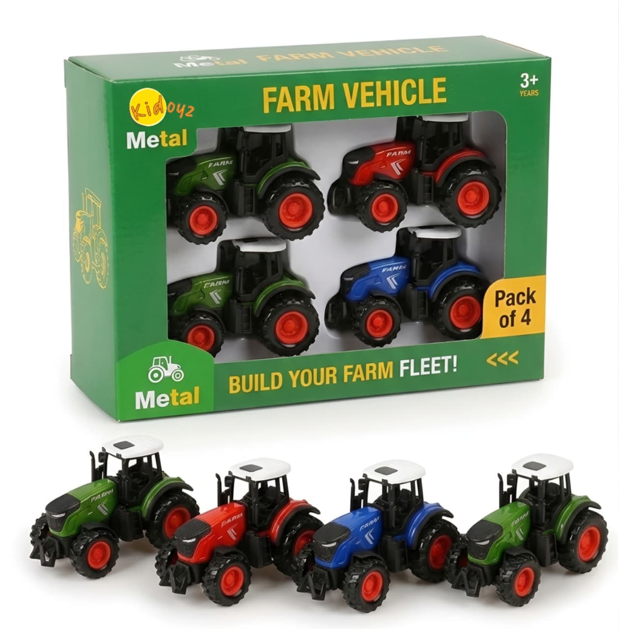KIDOYZ Pack of 4 Die-Cast Metal Farm Tractor Fleet Playset – Realistic Miniature Pull-Back Farming Vehicles Toy for Kids (Ages 3+)