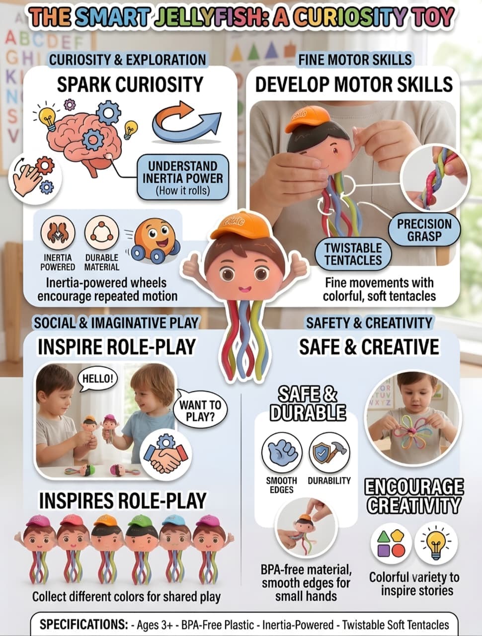 KIDOYZ Smart Boy & Smart Girl Fun Inertial Octopus Toy Set (Pack of 4) – Friction Powered Crawling Octopus Playset with Flexible Tentacles for Toddlers & Kids — view 3