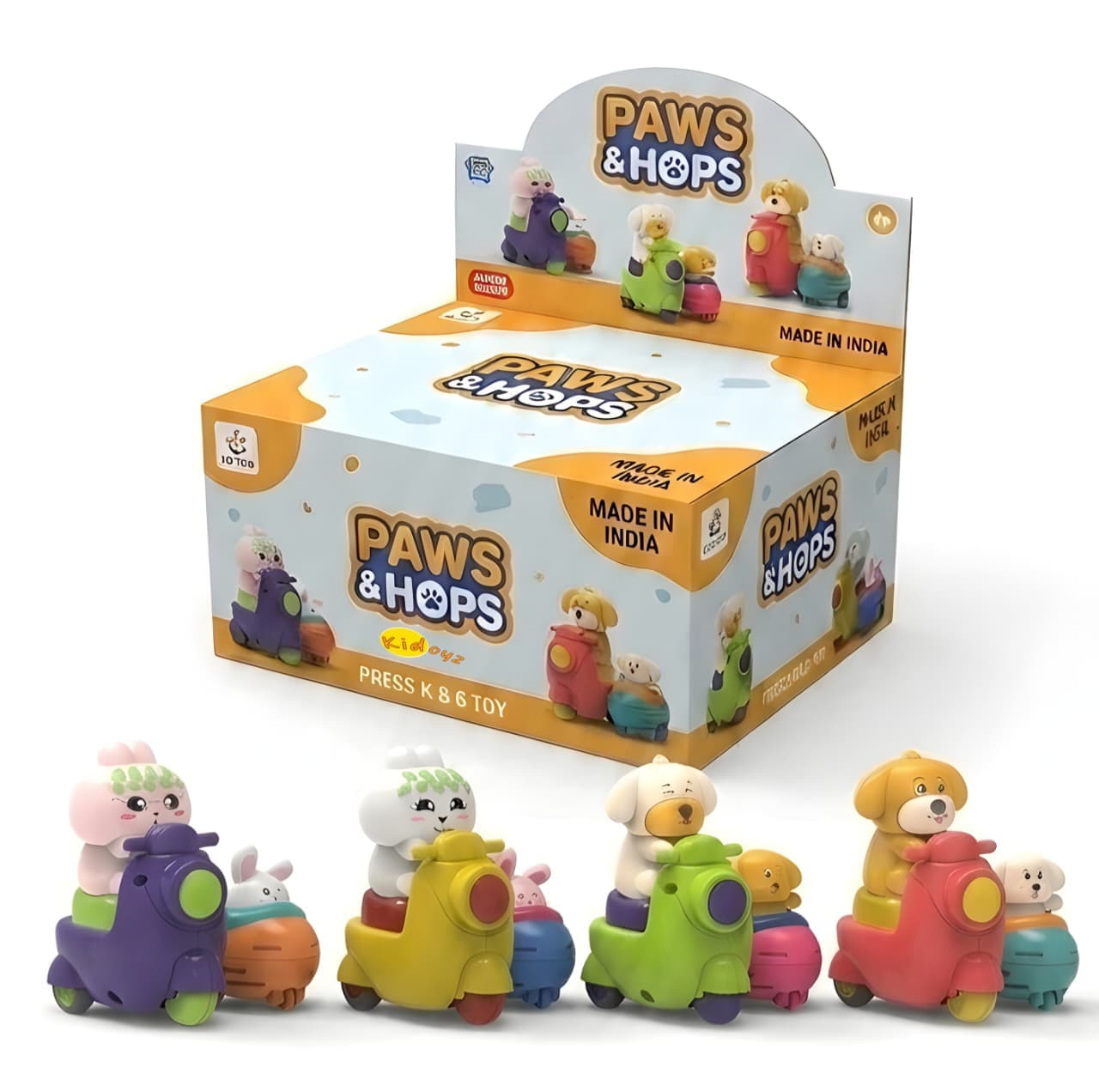 KIDOYZ Paws & Hops Press & Go Animal Scooter Playset (Set of 4) – Cute Push & Go Dog, Cat & Bear Bike Vehicles with Sidecar for Toddlers & Kids
