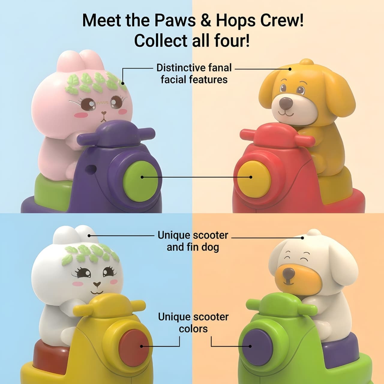 KIDOYZ Paws & Hops Press & Go Animal Scooter Playset (Set of 4) – Cute Push & Go Dog, Cat & Bear Bike Vehicles with Sidecar for Toddlers & Kids — view 2