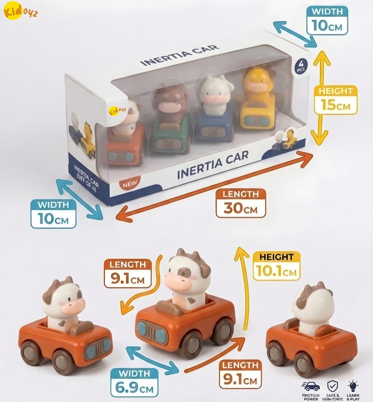 KIDOYZ 4-Pack Cute Animal Inertia Toy Cars Playset – Friction Powered Push & Go Vehicles (Cow, Horse, Sheep & Giraffe) for Toddlers & Kids (Ages 2+) — view 3