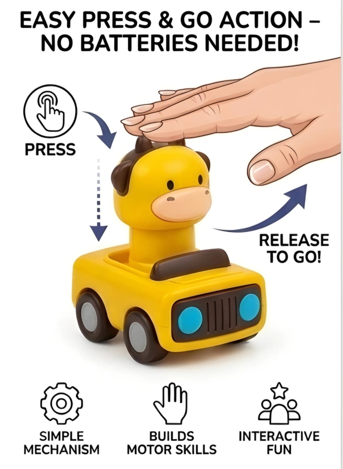 KIDOYZ 4-Pack Cute Animal Inertia Toy Cars Playset – Friction Powered Push & Go Vehicles (Cow, Horse, Sheep & Giraffe) for Toddlers & Kids (Ages 2+) — view 4