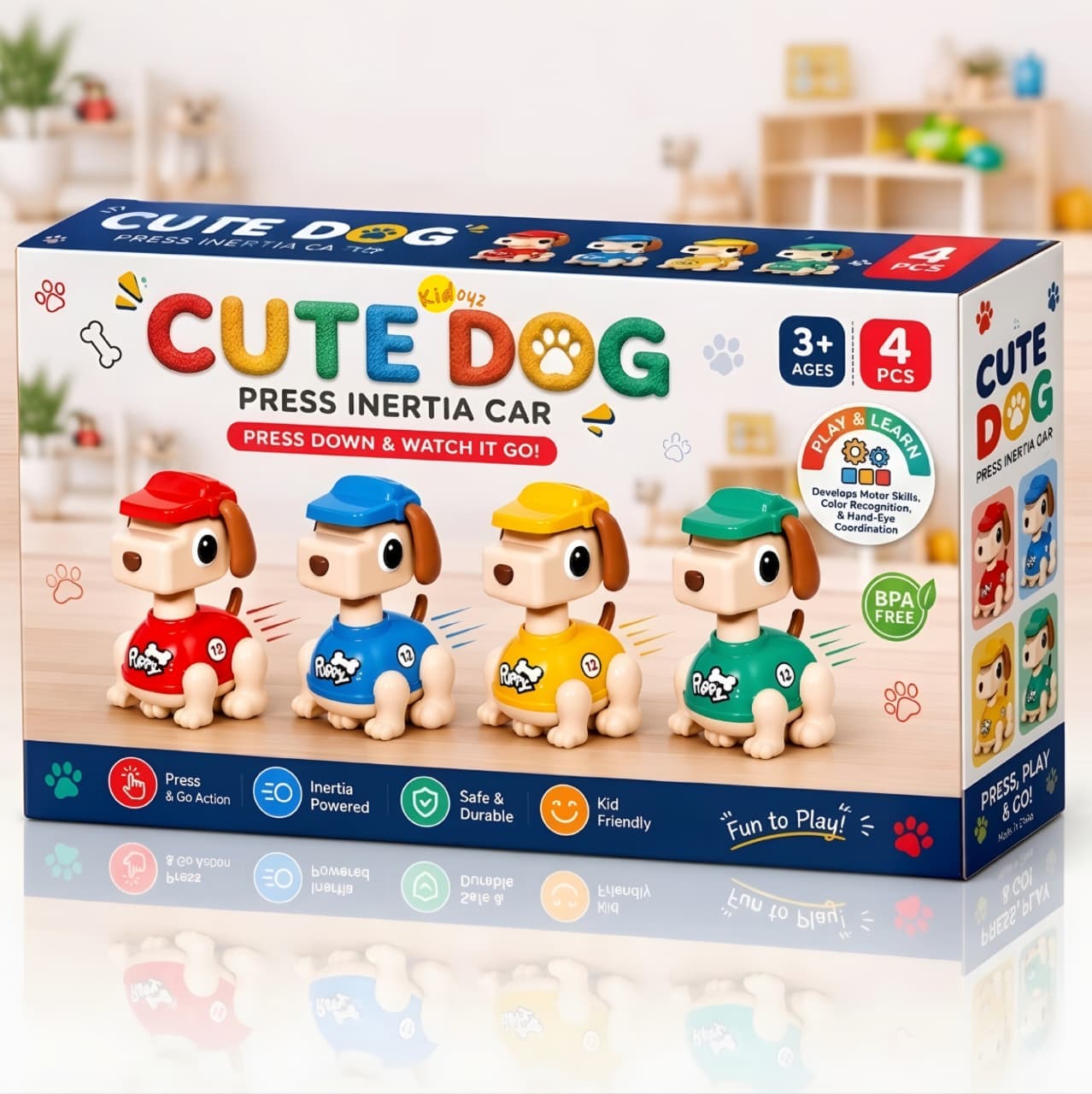 KIDOYZ Cute Dog Press & Go Inertia Car Playset (Pack of 4) – Battery-Free Push & Go Puppy Vehicles for Toddlers & Kids (Ages 3+)