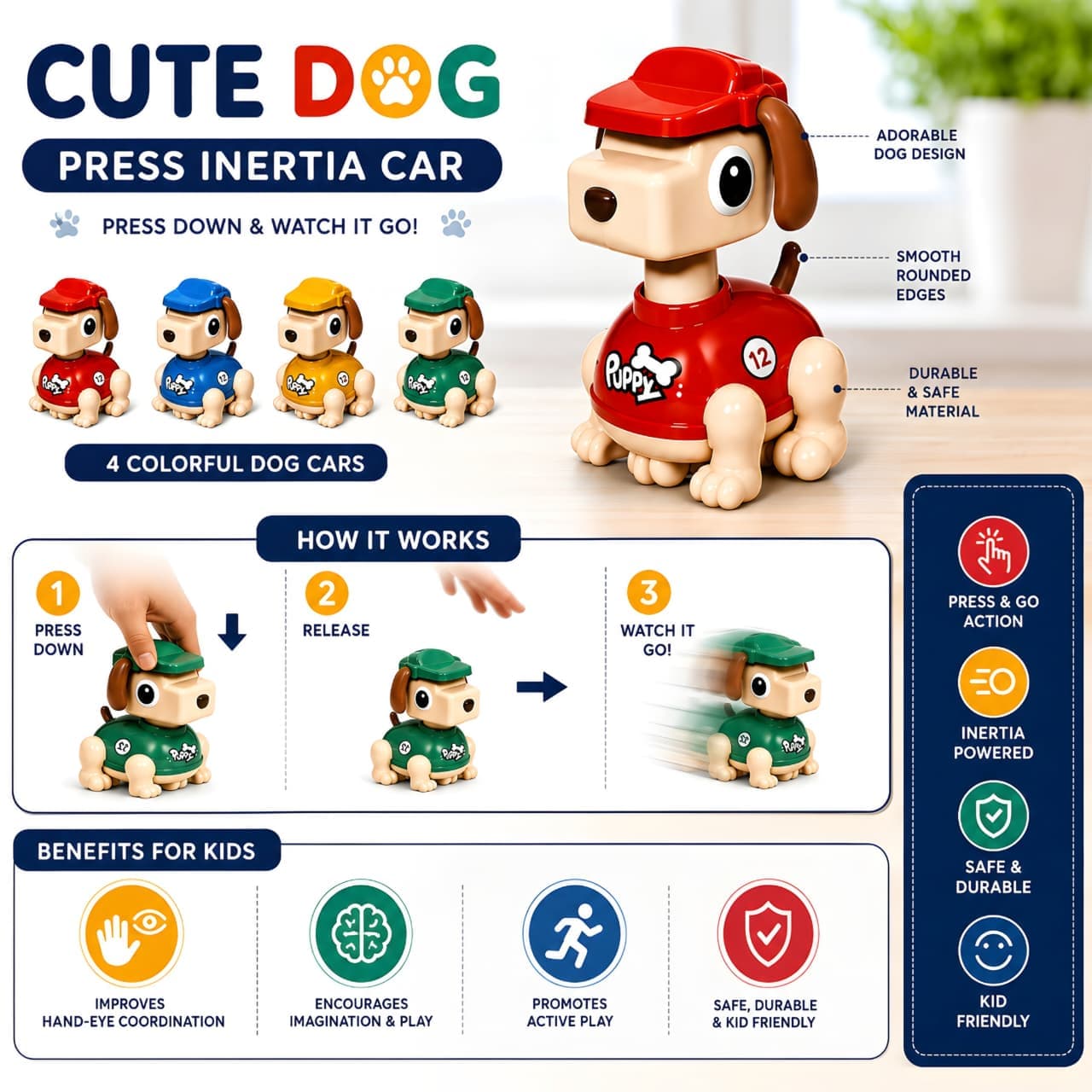 KIDOYZ Cute Dog Press & Go Inertia Car Playset (Pack of 4) – Battery-Free Push & Go Puppy Vehicles for Toddlers & Kids (Ages 3+) — view 2