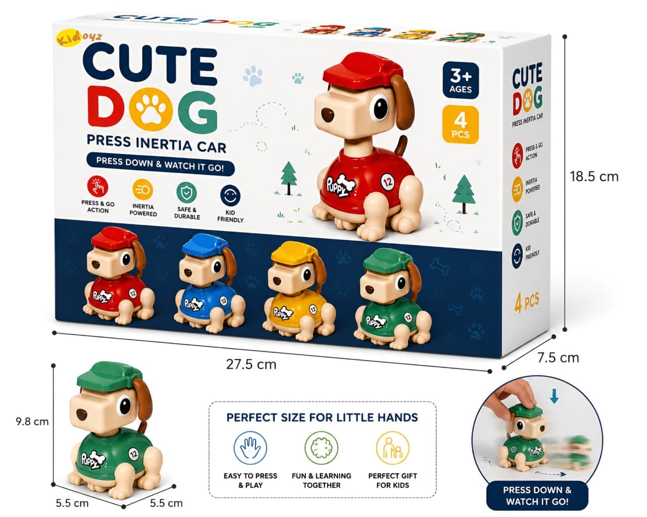 KIDOYZ Cute Dog Press & Go Inertia Car Playset (Pack of 4) – Battery-Free Push & Go Puppy Vehicles for Toddlers & Kids (Ages 3+) — view 3