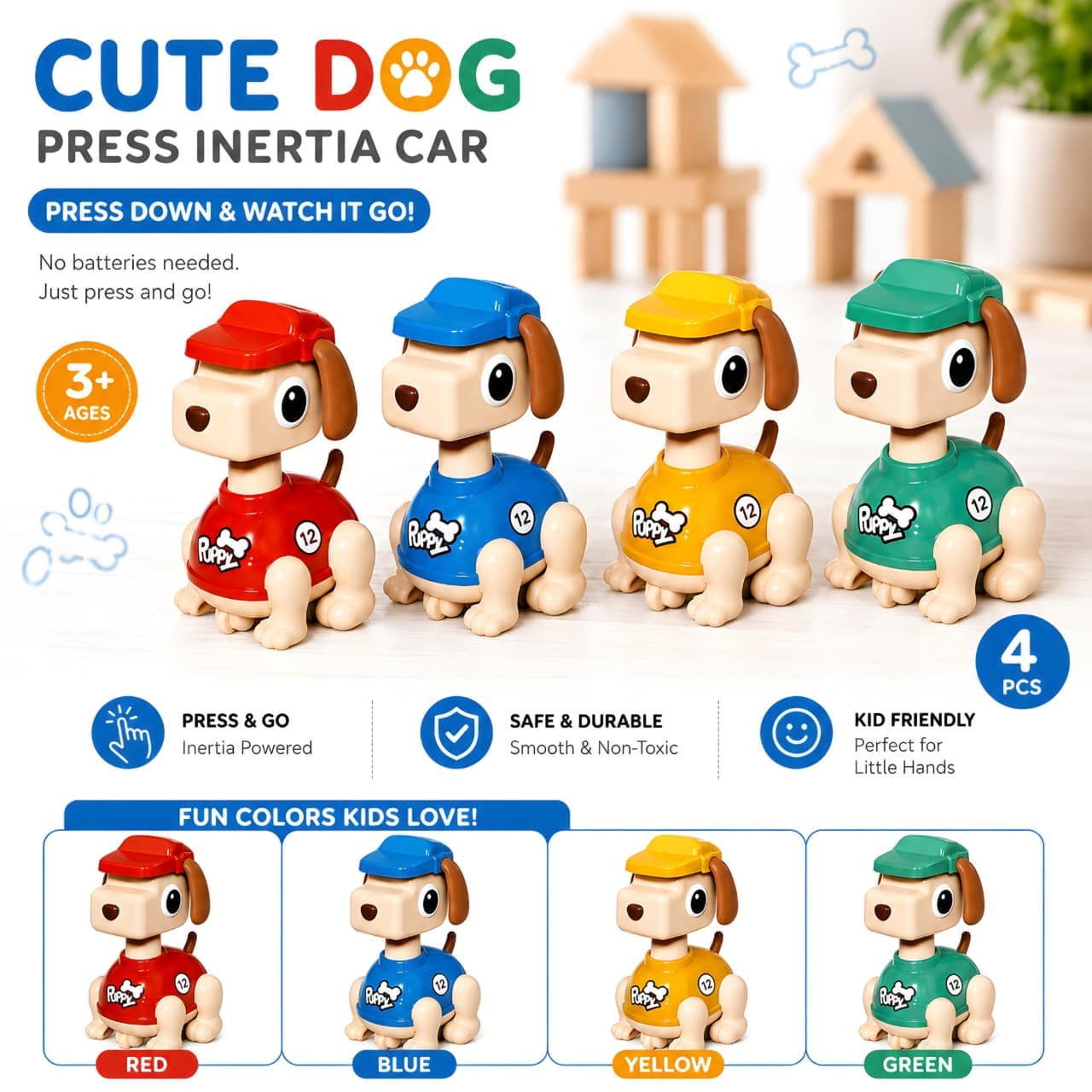 KIDOYZ Cute Dog Press & Go Inertia Car Playset (Pack of 4) – Battery-Free Push & Go Puppy Vehicles for Toddlers & Kids (Ages 3+) — view 4