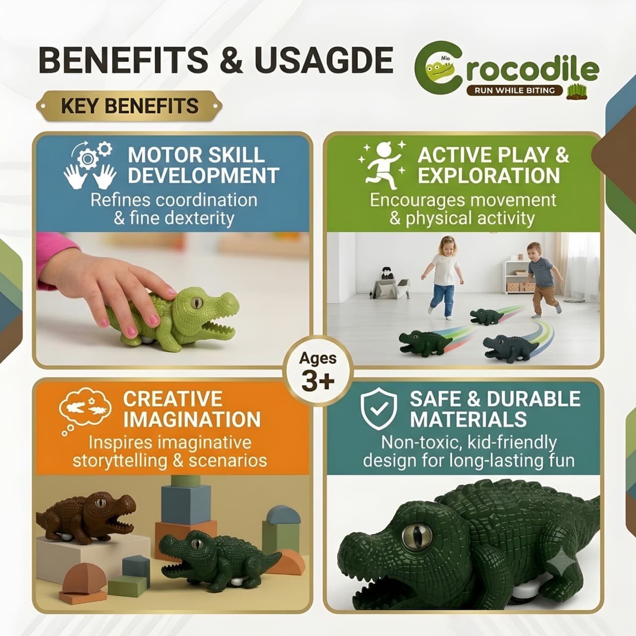KIDOYZ 4-Pack Crocodile Inertia Toy Car Playset – Friction Powered Run While Biting Action Alligator Vehicles for Toddlers & Kids (Ages 3+) — view 3