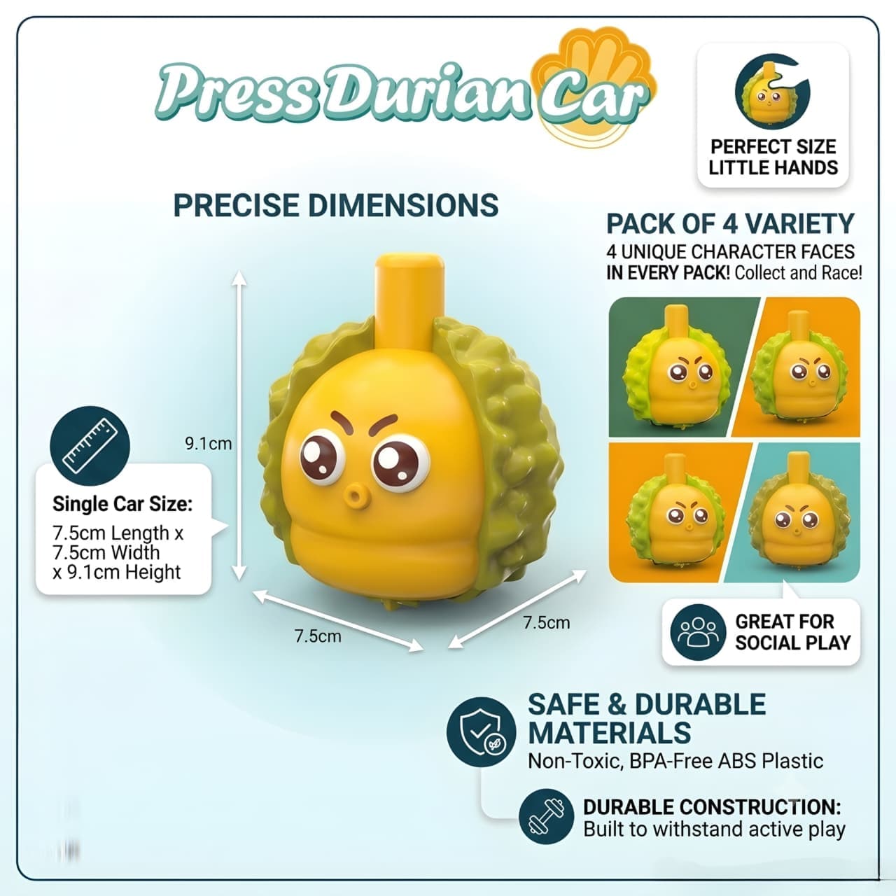 KIDOYZ Press Durian Fruit Car Playset (Pack of 4) – Friction Powered Push & Go Cartoon Expression Vehicle Toys for Toddlers & Kids (Ages 3+) — view 2