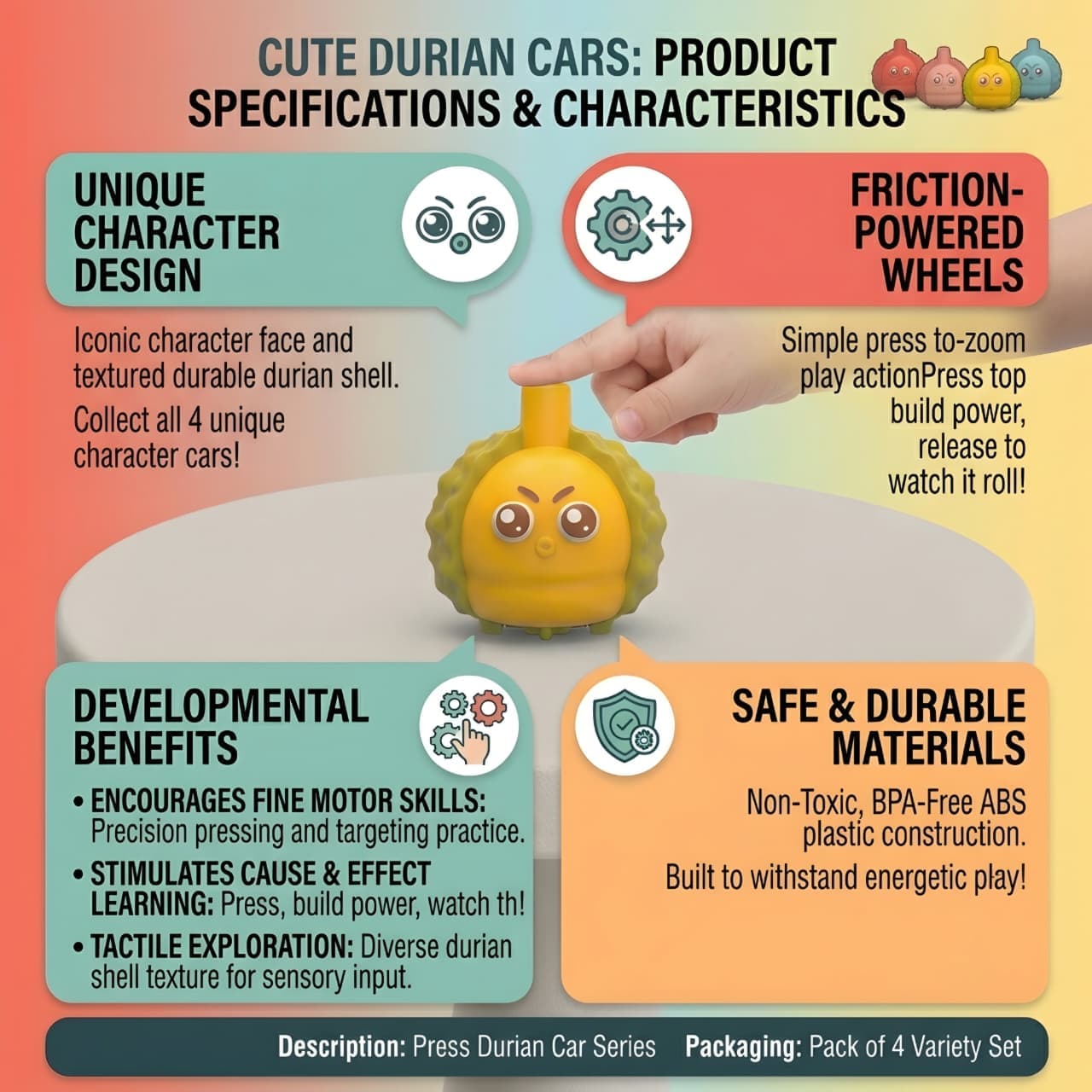 KIDOYZ Press Durian Fruit Car Playset (Pack of 4) – Friction Powered Push & Go Cartoon Expression Vehicle Toys for Toddlers & Kids (Ages 3+) — view 3