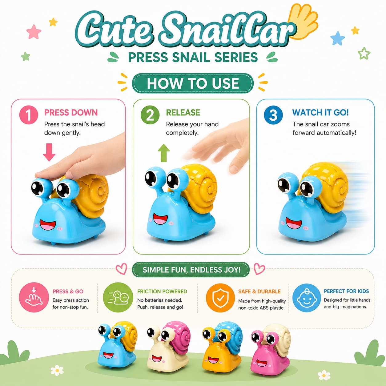 KIDOYZ Cute Snail Car Press & Go Playset (Pack of 4) – Friction Powered Crawling Snail Vehicle Toys for Toddlers & Kids (Ages 3+) — view 4