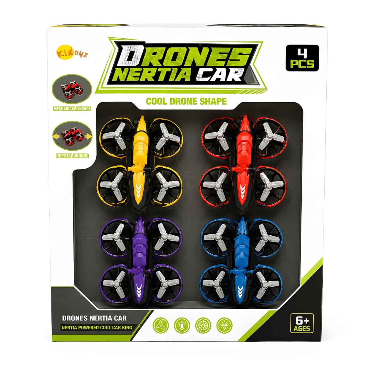 KIDOYZ Cool Drone Shape Inertia Car Playset (Pack of 4) – Friction Powered Push & Go Drone Vehicle Toys with Propeller Guards for Kids (Ages 3+)