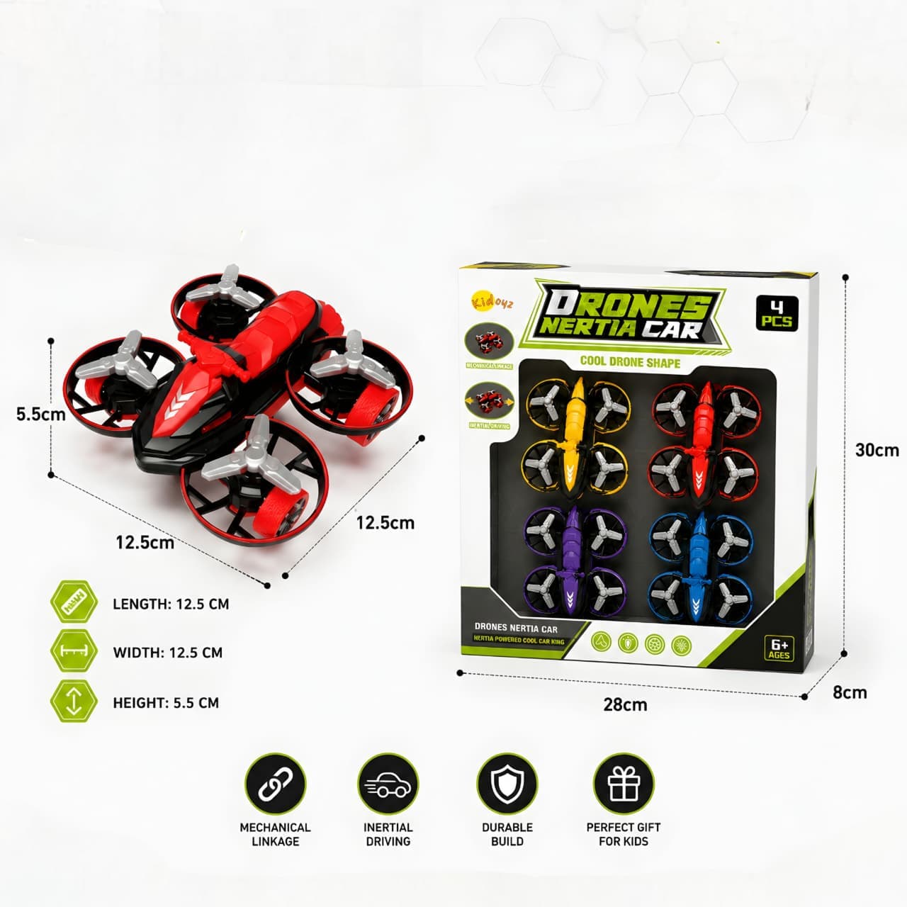 KIDOYZ Cool Drone Shape Inertia Car Playset (Pack of 4) – Friction Powered Push & Go Drone Vehicle Toys with Propeller Guards for Kids (Ages 3+) — view 2