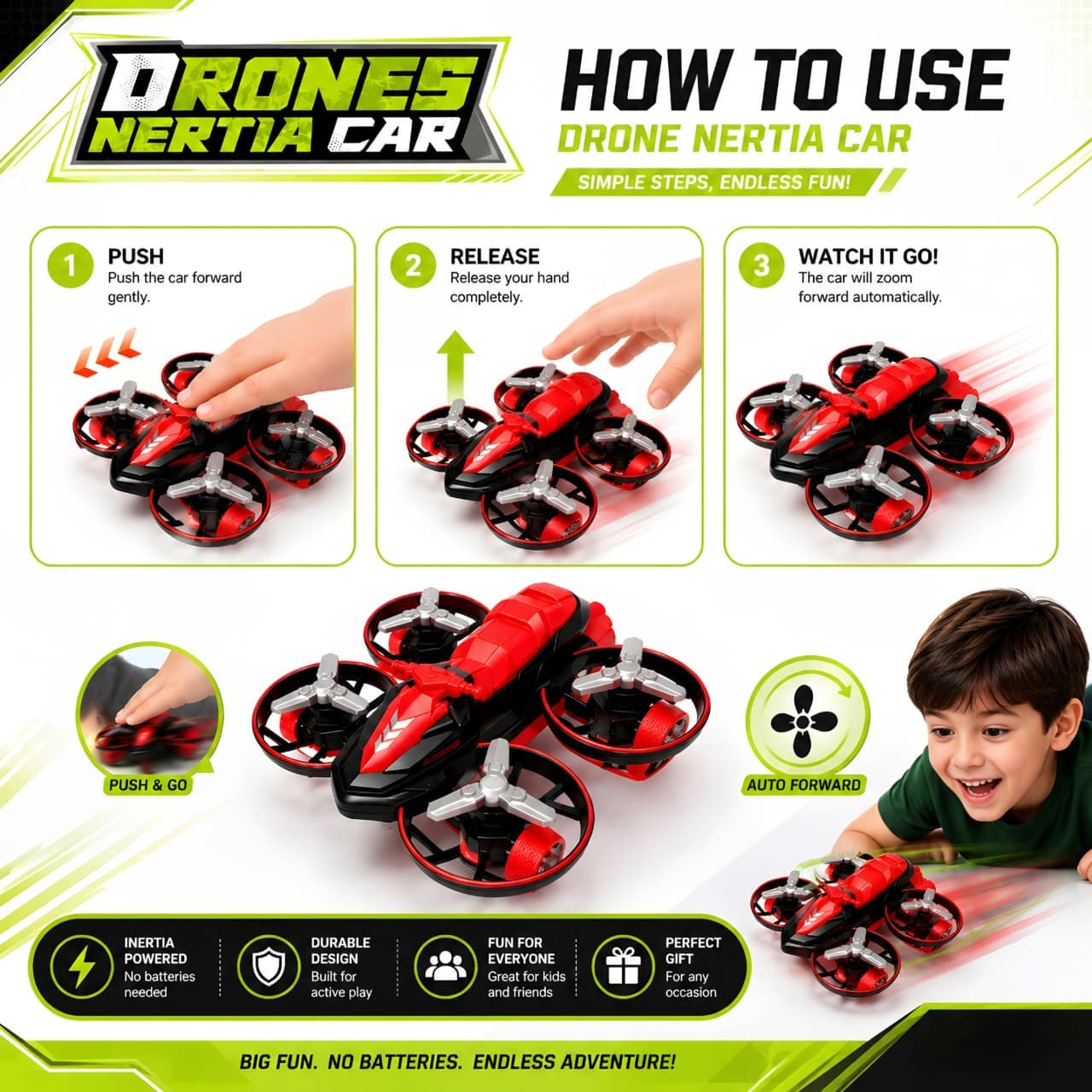 KIDOYZ Cool Drone Shape Inertia Car Playset (Pack of 4) – Friction Powered Push & Go Drone Vehicle Toys with Propeller Guards for Kids (Ages 3+) — view 3