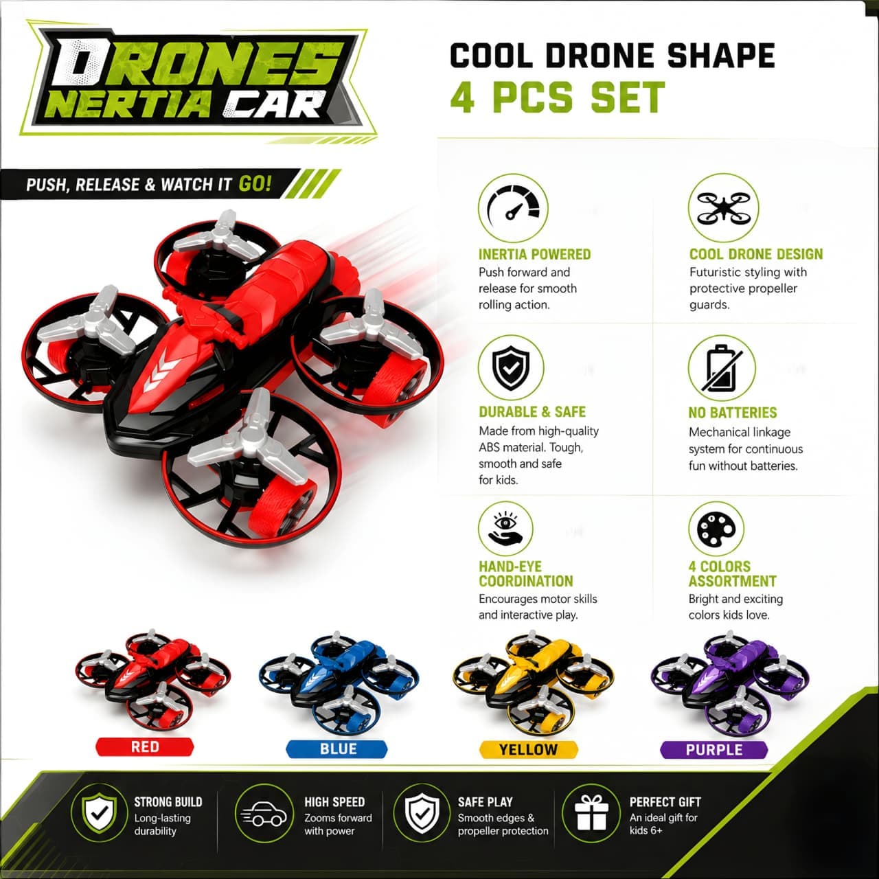 KIDOYZ Cool Drone Shape Inertia Car Playset (Pack of 4) – Friction Powered Push & Go Drone Vehicle Toys with Propeller Guards for Kids (Ages 3+) — view 4