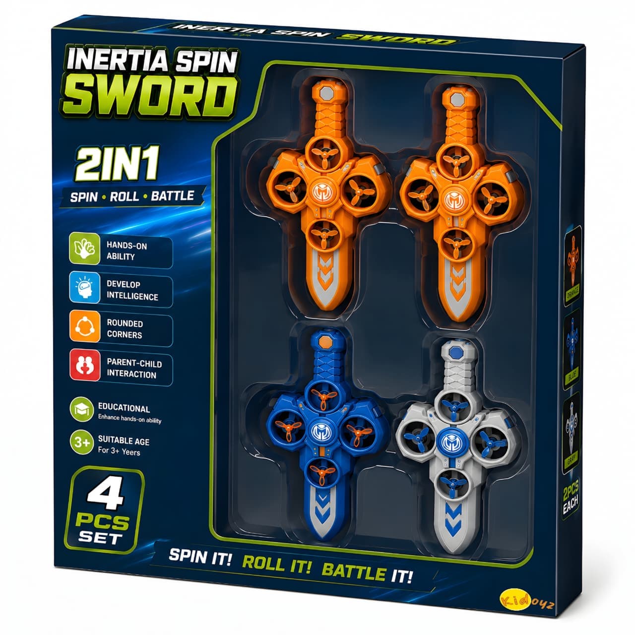 KIDOYZ 2-in-1 Inertia Spin Sword Playset (Pack of 4) – Spin, Roll & Battle Friction Spinning Toy Daggers for Kids (Ages 3+)