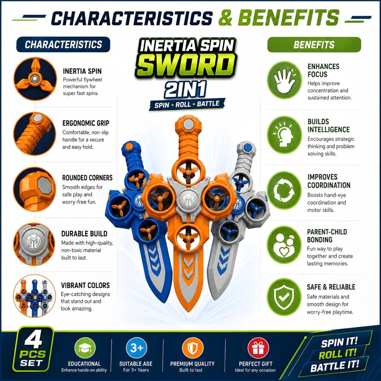 KIDOYZ 2-in-1 Inertia Spin Sword Playset (Pack of 4) – Spin, Roll & Battle Friction Spinning Toy Daggers for Kids (Ages 3+) — view 3