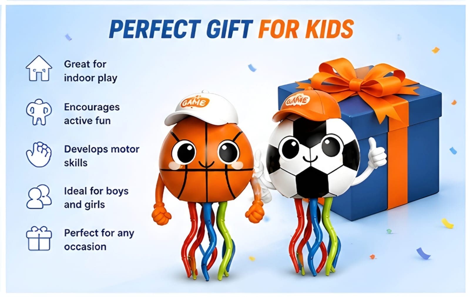 KIDOYZ 4-Piece Sports Elf Inertia Toy Playset – Friction Powered Basketball & Football Cartoon Characters with Flexible Wiggling Tentacles for Toddlers & Kids (Ages 3+) — view 3
