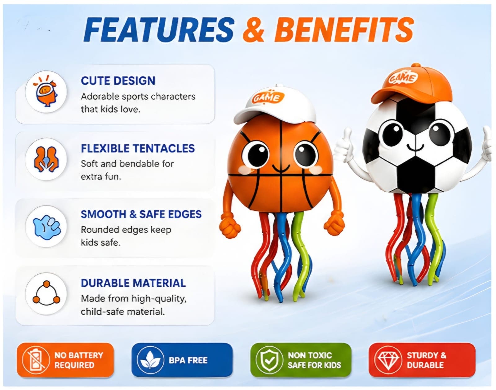 KIDOYZ 4-Piece Sports Elf Inertia Toy Playset – Friction Powered Basketball & Football Cartoon Characters with Flexible Wiggling Tentacles for Toddlers & Kids (Ages 3+) — view 4