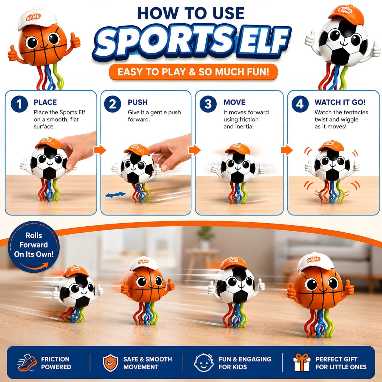 KIDOYZ 4-Piece Sports Elf Inertia Toy Playset – Friction Powered Basketball & Football Cartoon Characters with Flexible Wiggling Tentacles for Toddlers & Kids (Ages 3+) — view 5
