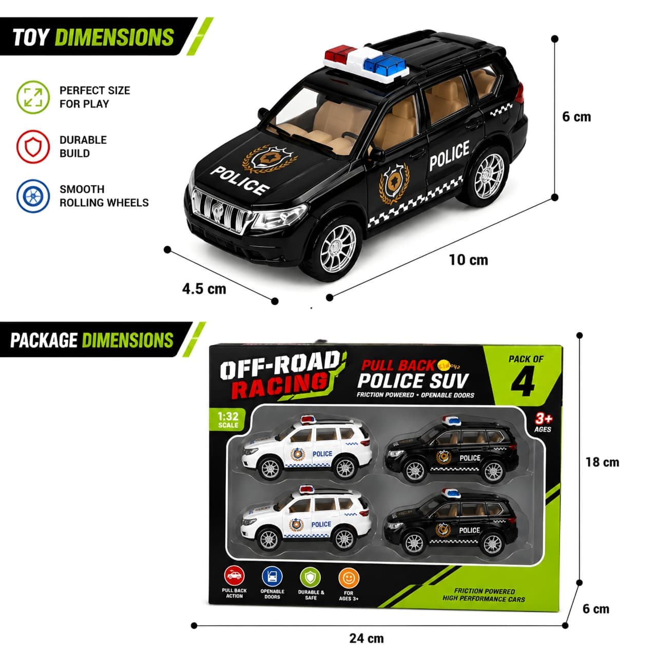 KIDOYZ 1:32 Scale Off-Road Police SUV Playset (Pack of 4) – Pull Back Friction Powered High Performance Police Patrol Cars with Openable Doors for Kids (Ages 3+) — view 3