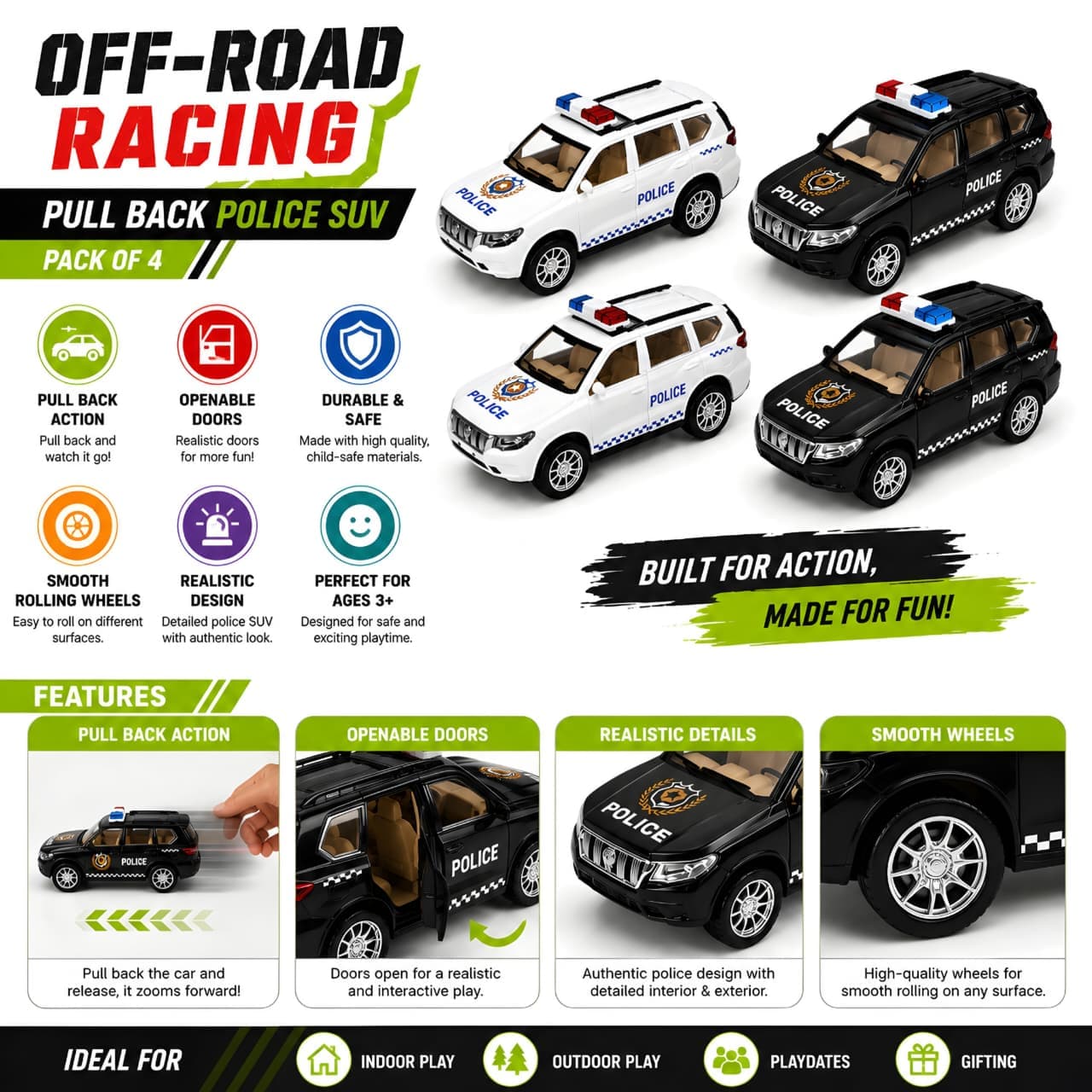 KIDOYZ 1:32 Scale Off-Road Police SUV Playset (Pack of 4) – Pull Back Friction Powered High Performance Police Patrol Cars with Openable Doors for Kids (Ages 3+) — view 4
