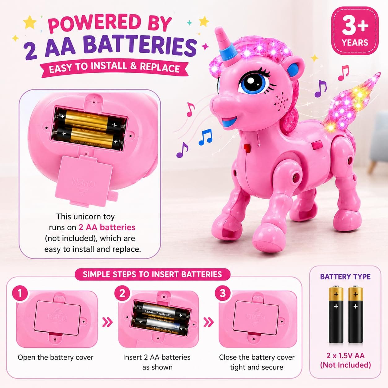 Pink Unicorn Walking Toy for Kids 3+ Years | Battery Operated Musical Unicorn with LED Flashing Lights, Automatic Walking Action, Sound Effects — view 2