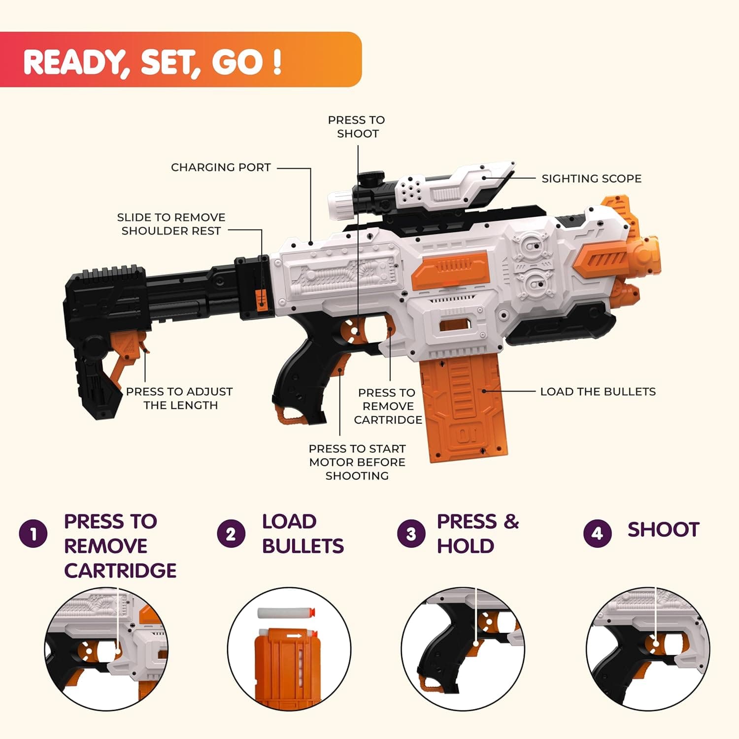 Striker Electric Motorized Toy Gun with Scope, 30 Soft Darts, USB Type-C Rechargeable, Long Range 60ft+, 1-Hour Playtime, for Kids & Adults (8+), Made in India — view 2