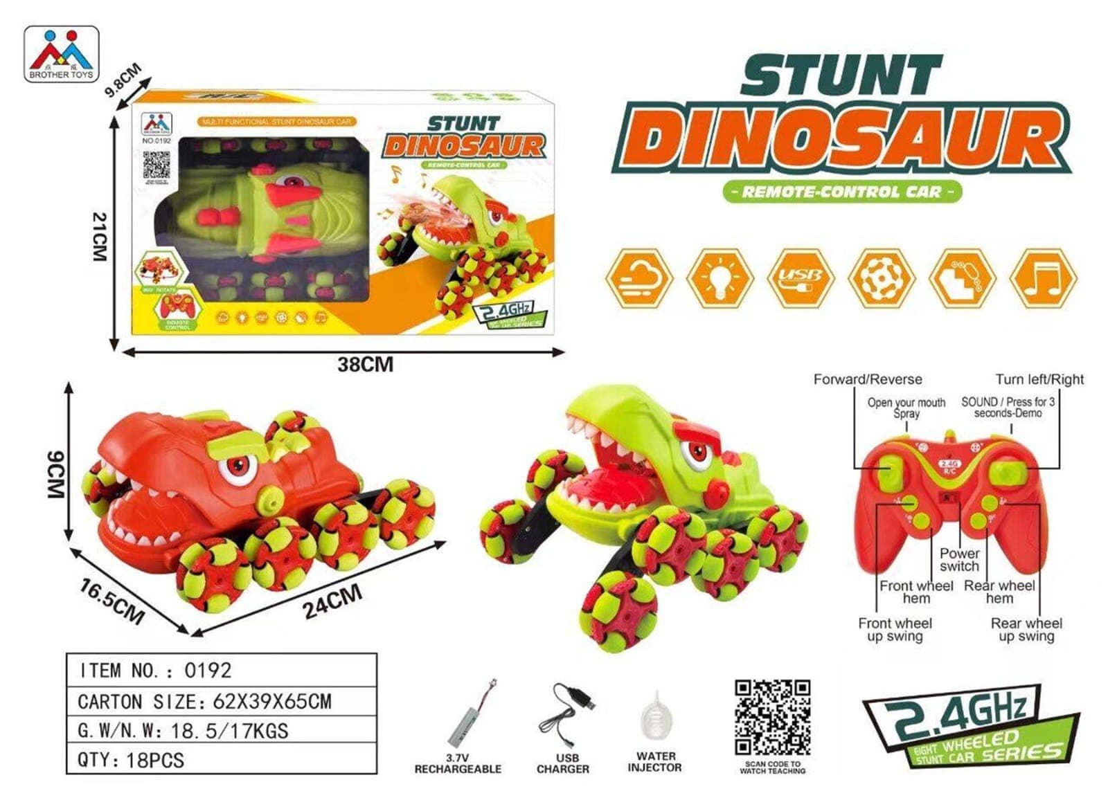 RC Stunt Car, Dinosaur Remote Control Car for Boys, RC Monster Stunt Cars with Spray & Light & Music — view 4