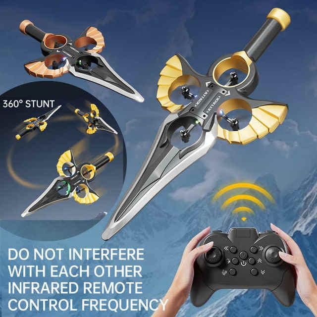 Toys RC Flying Sword Drone, Remote Control Stunt Fighter with Auto Hover, Multi-Speed Adjustment, Black and Gold Design, Claymore Style Aircraft — view 2