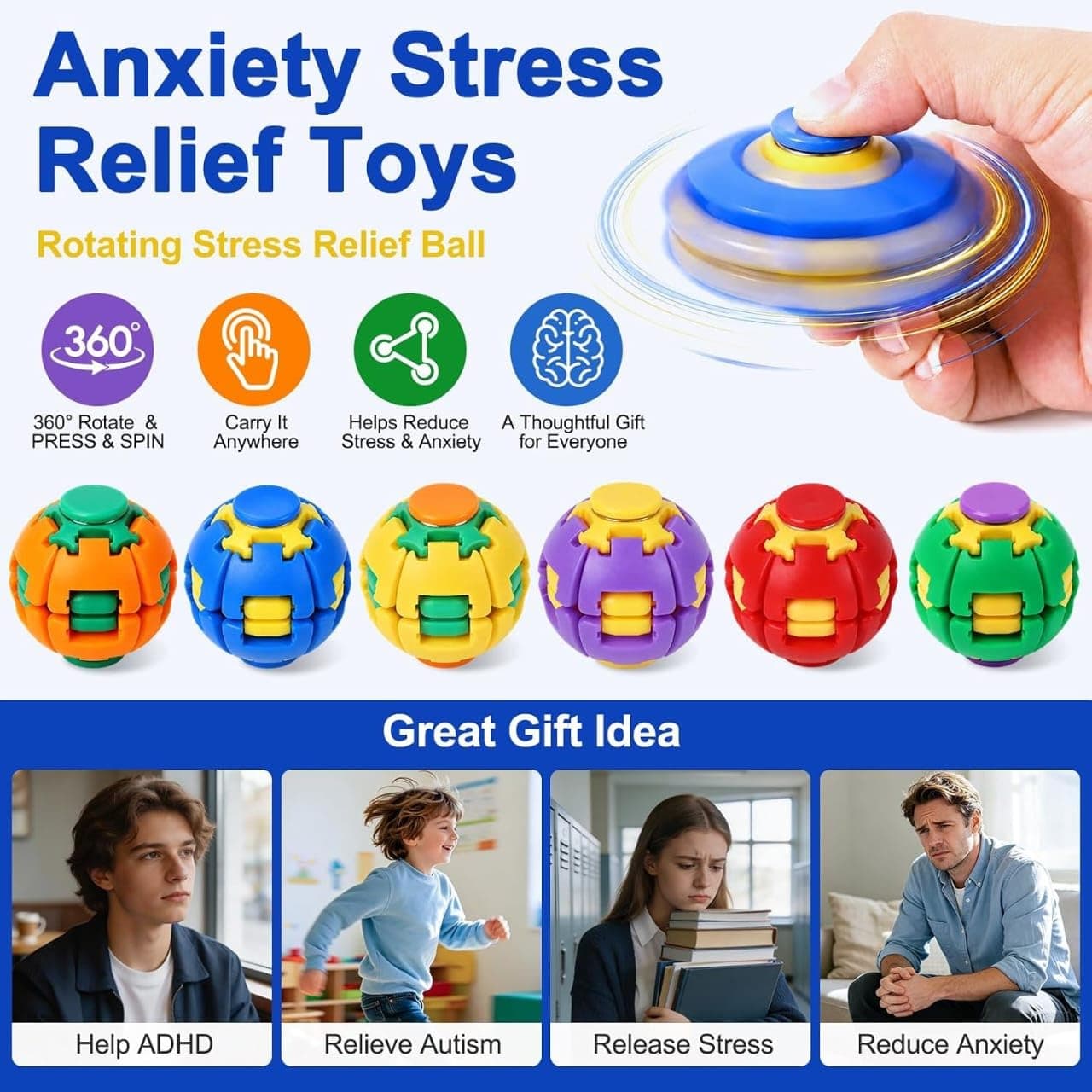 Kidoyz 2 Pack Press to Spin Fidget Ball, 360° Rotating Fidget Spinner Ball, Quiet Sensory Stress Relief Toy for Adults, Kids, Teens, Students, Office Desk, ADHD, Autism, Anxiety Relief, Portable Pocket Size — view 2