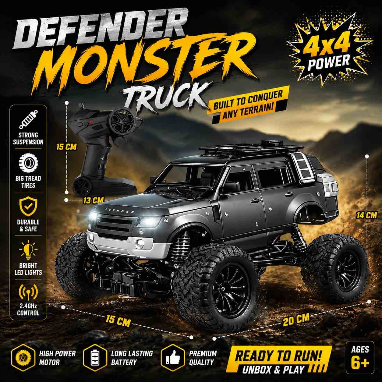 Kidoyz Remote Control DEFENDER MONSTER TRUCK 20cm - Color As Per Stock — view 4