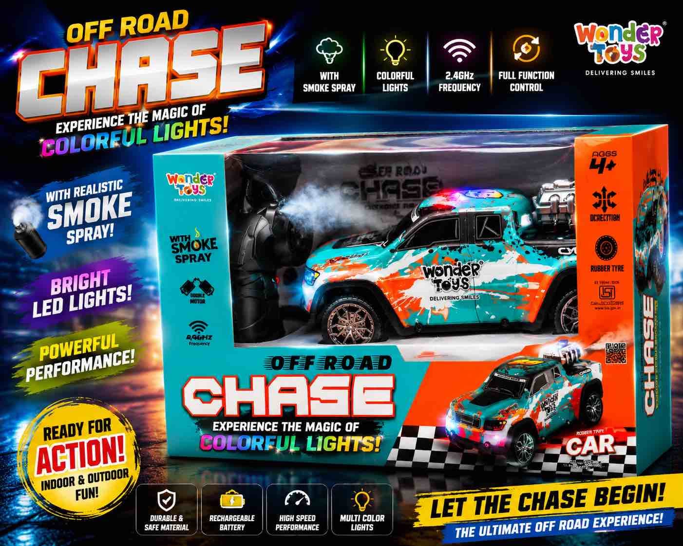 Wonder Off Road Chase Rc Car | Smoke Function | Abs Plastic Body | Rubber Tyres 45 Degree Climbing Rechargeable Battery Type C Charging — view 4