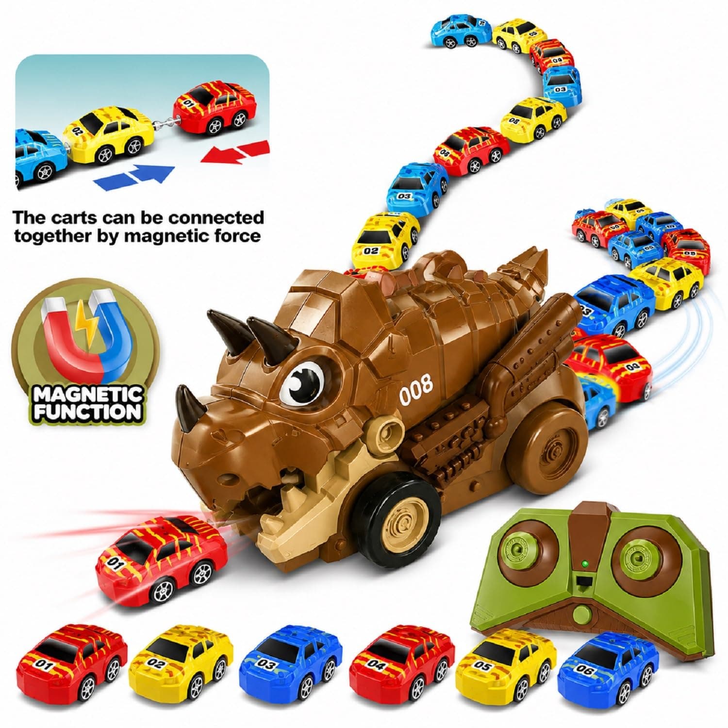 Kidoyz Remote Control Dinosaur Car Toy with 6 Mini Cars | Magnetic Car Ejector Dinosaur RC Vehicle | Light & Sound | Rechargeable Battery