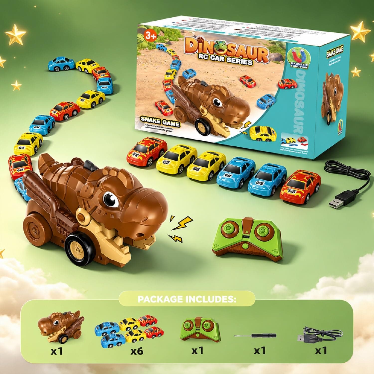 Kidoyz Remote Control Dinosaur Car Toy with 6 Mini Cars | Magnetic Car Ejector Dinosaur RC Vehicle | Light & Sound | Rechargeable Battery — view 3
