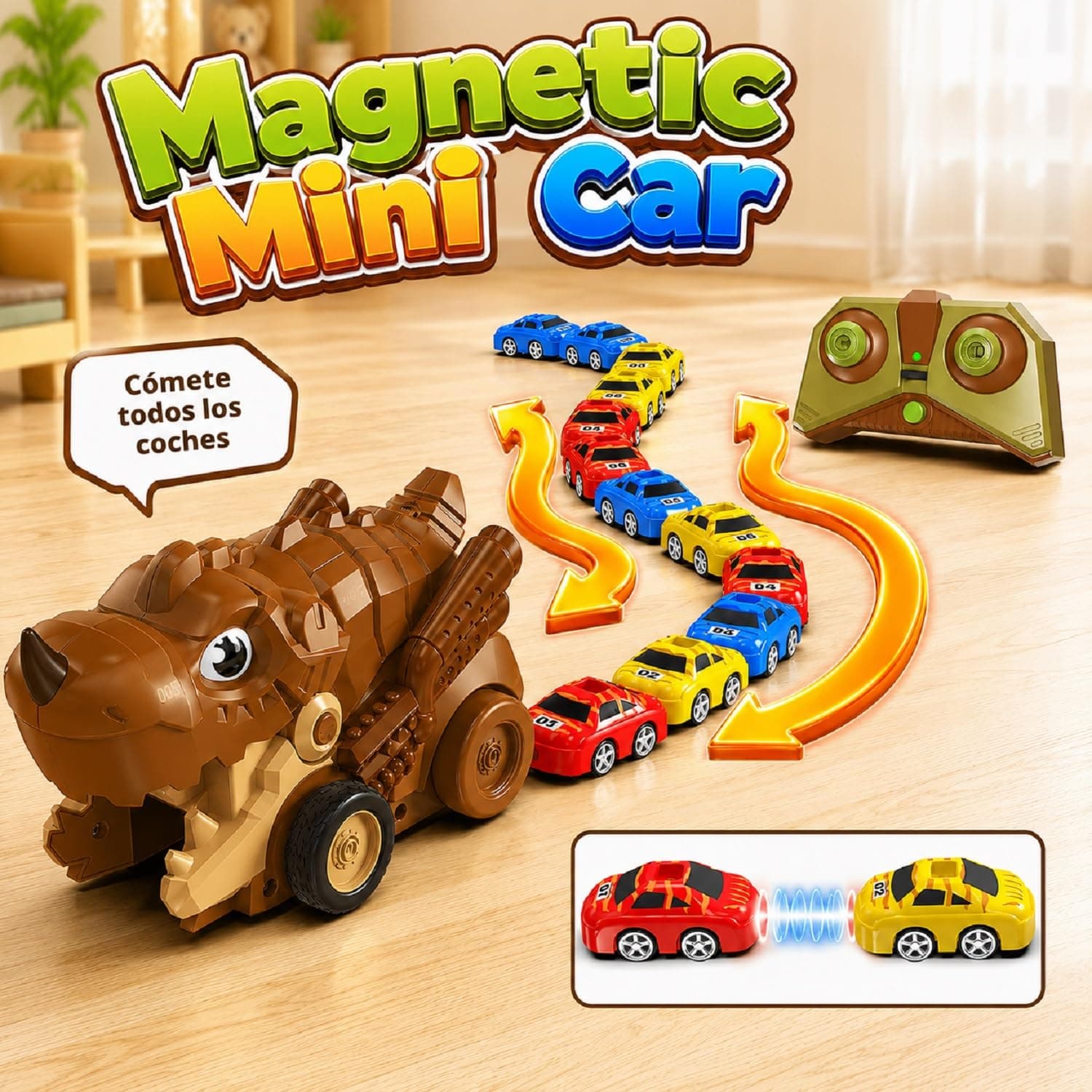 Kidoyz Remote Control Dinosaur Car Toy with 6 Mini Cars | Magnetic Car Ejector Dinosaur RC Vehicle | Light & Sound | Rechargeable Battery — view 4