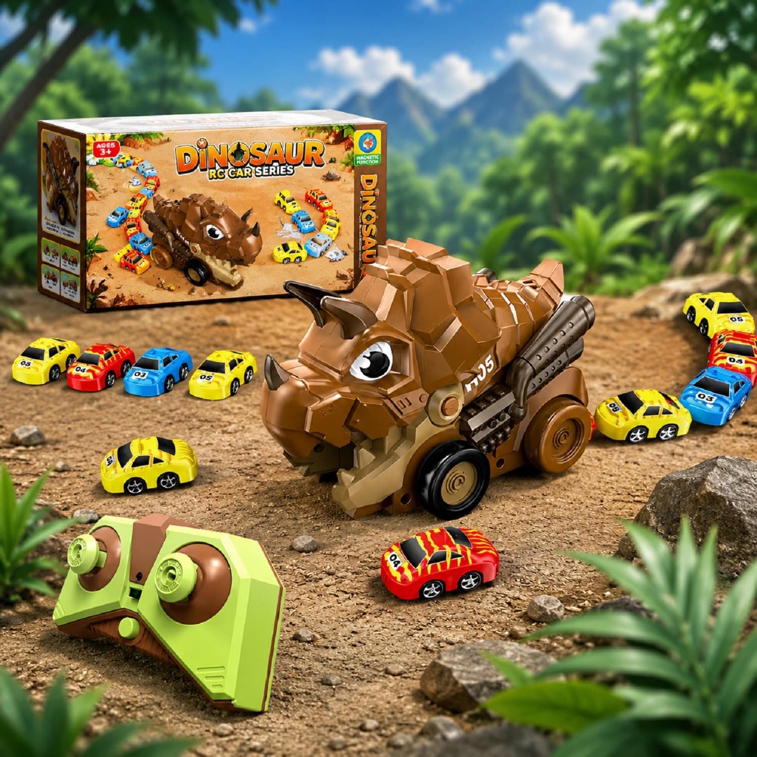 Kidoyz Remote Control Dinosaur Car Toy with 6 Mini Cars | Magnetic Car Ejector Dinosaur RC Vehicle | Light & Sound | Rechargeable Battery — view 5