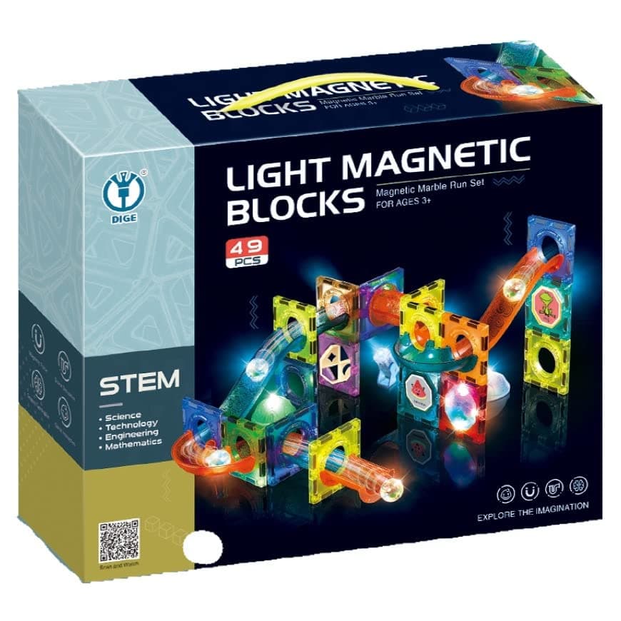 Kidoyz 49Pcs Light Magnetic Tiles- Building Blocks for Kids 3D STEAM Educational Toys, Magnetic Marble Run